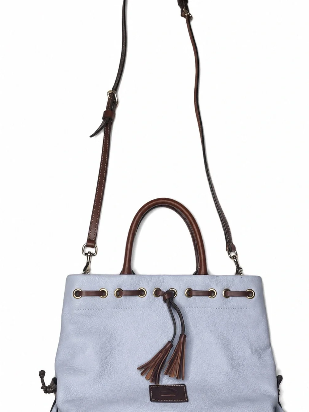 NWOT Dooney & Bourke Wakefield Pale / Sky Blue Pebbled Leather Tassel Tote - Picture 3 of 17